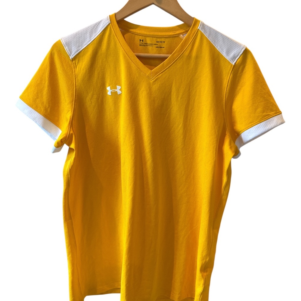 Under Armour Womens Yellow& White Fitted Tee Heat Gear Large Soccer Activewear